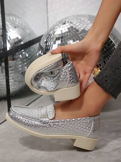 Women's Metallic Crocodile Embossed Slip-On Loafers, Round Toe Low Block Heel Casual Party Shoes