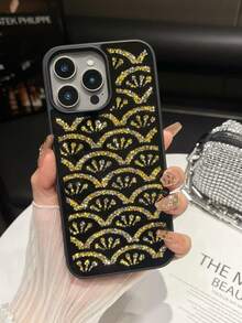 1pc Black Gold Spray Oil Skin Feel Rhinestone Wavy Flower Mirror Inlaid Shockproof 2-In-1 Phone Case Suitable For 14promax/17promax/15promax - Black and Gold - View 7