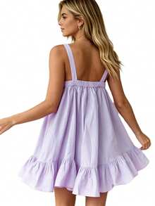 Women Slip Dress, Sleeveless Pleated Ruffled Solid Loose Summer Dress Mini Dress Suitable For Daily Look And Dating Occasions - Violet - View 2
