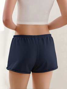 Women's Summer Drawstring Shorts Solid Color Low Waist Casual Breathable Short Pants - Navy Blue - View 7