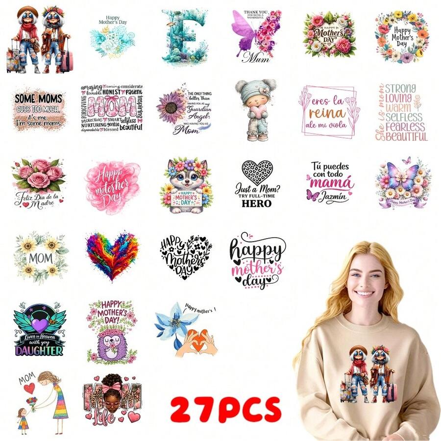 27PC DIY Mother's Day ironing applique patch, 18cm/7.08in,  Happy Mothers Day Mom Love Flower Heart Rainbow Owl Cat Butterfly Girl Mother Daughter Family Cute Cartoon , Easy Heat Transfer for Clothing, T-Shirts, Jeans, Backpacks, Hats & Pillows,  Washable Stickers Perfect for Casual Style - Zufälliger Stil - Übersicht 1