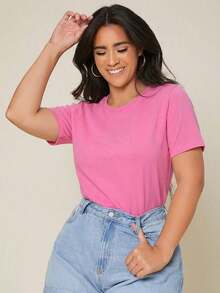 BASICS Camiseta De Cuello Redondo Sólido Para Tallas Grandes - Rosa - Ver 3