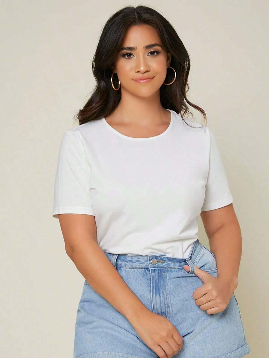 BASICS Camiseta De Cuello Redondo Sólido Para Tallas Grandes - Blanco - Ver 1