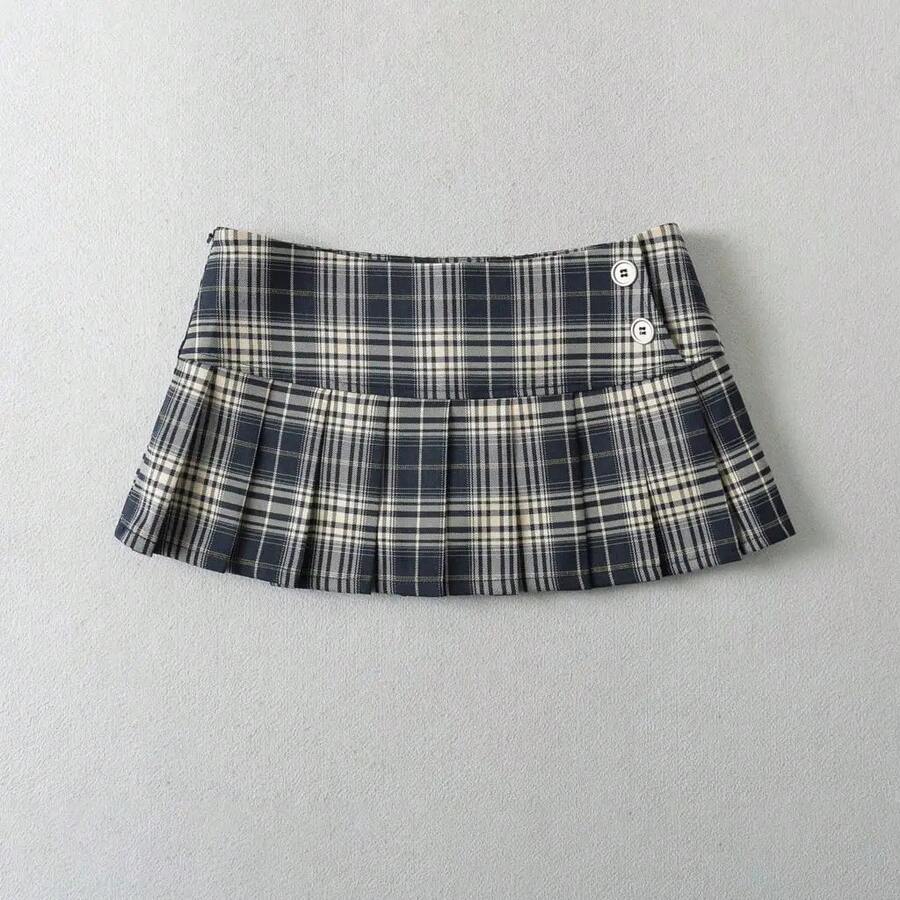 Minifaldas de verano para mujer, faldas a cuadros de moda coreana vintage para mujer, faldas y2k, faldas a cuadros verdes plisadas, estilo preppy - Beis - Ver 1