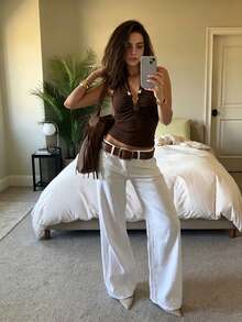 Women's New American Sexy Deep V-Neck, Backless Halter Crop Top, Fitted Hollow Out Casual Knit Vest Summer - Brown - View 2