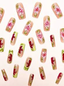 24pcs/Set Elegant 3D Floral & Vine Design Long Square Press-On Nails, Unique Chic Nail Art Suitable For Girls & Women For Daily, Outdoor, Party Use - Multicolor - View 3