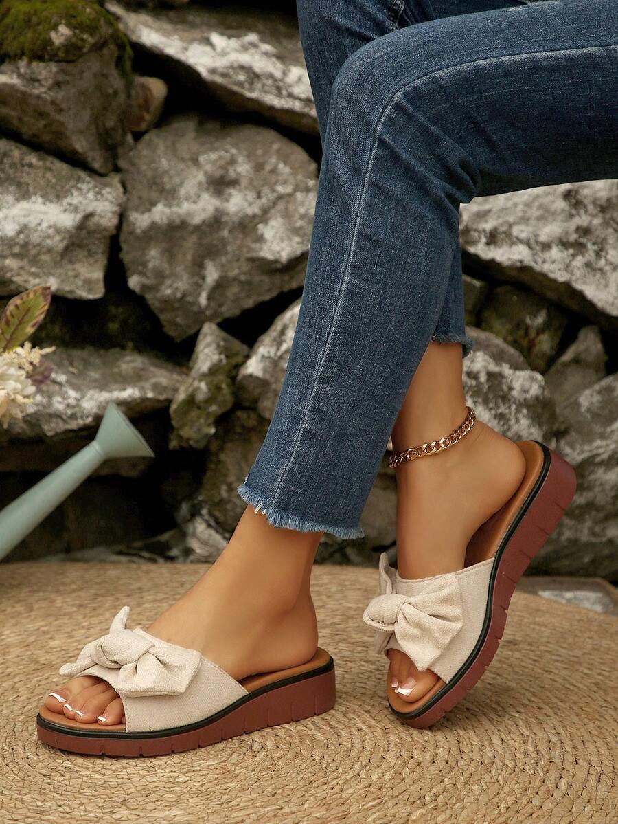 Plus Size Women's Versatile Bow Tie Wedge Platform Slide Sandals, New Summer Open Toe Beach High Heel Sandals - Beige - View 1