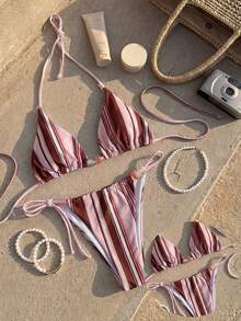 Bikinx Women's Casual Cute Striped Pattern Lace Decor Halter Tie Back Bikini Set Vacation - Multicolor - View 5