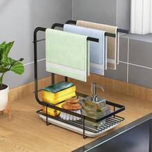1pc No Drill Kitchen Sink Sponge Drainer Rack, 2-In-1 Countertop & Wall Mount Dish Drying Rack With Towel Bar And Removable Drip Tray, Black Metal Kitchen Organizer - Multicolor - View 12