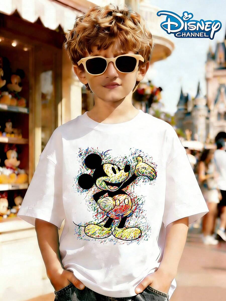 Disney's Doodle-Style Mickey Mouse, With Colorful Line Art Print Pattern Summer Tops,Short-Sleeved Casual And Cute Style Children's Clothing Design, Girl Clothes For Kids Clothes ,Ropa Para Niños,Teen Girls Clothes, Summer Clothes,Boys Summer Outfits,Boys Clothes,Perfect For Cool Girls. Comfortable And Breathable Children's Short-Sleeved T-Shirt. Comfortable And Casual Wear All Year Children's Clothes,Comfortable & Lightweight, Iconic Print For Mix-And-Match Outfits,Suitable For Both Boys And Girls. - trắng - Xem 1