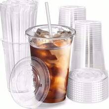 Bộ 10/15/20 cốc dùng cho đồ uống lạnh mùa hè, cốc cà phê, cốc trà sữa, cốc tráng miệng có nắp đậy, nắp giấy chống rò rỉ và ống hút. - trong suốt - Xem 1