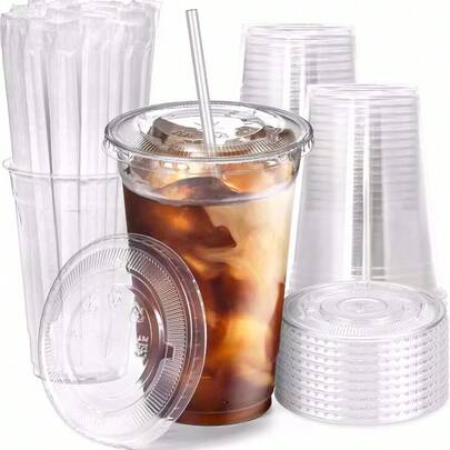 10/15/20pcs Summer Cold Drink Cups, Coffee Cups, Milk Tea Cups, Dessert Cups With Lids, Leak-Proof Paper, Straws