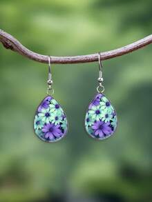 1 Pair Vintage Purple & Green Daisy Cluster Pattern With 316 Stainless Steel Water Drop Ear Hooks, Romantic & Cute Style Suitable For Women's Daily Wear And Gift Jewelry Earrings - Violet Purple - View 1