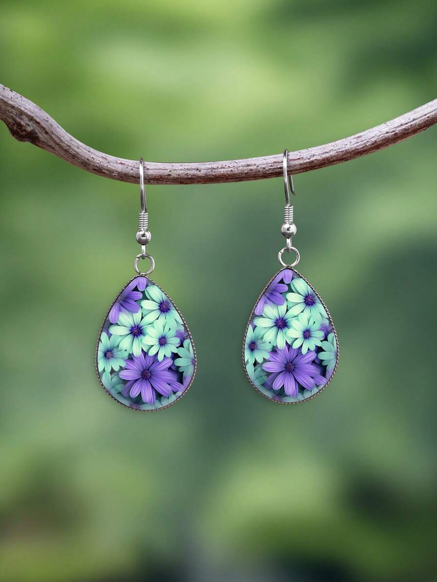 1 Pair Vintage Purple & Green Daisy Cluster Pattern With 316 Stainless Steel Water Drop Ear Hooks, Romantic & Cute Style Suitable For Women's Daily Wear And Gift Jewelry Earrings - Violet Purple - View 1