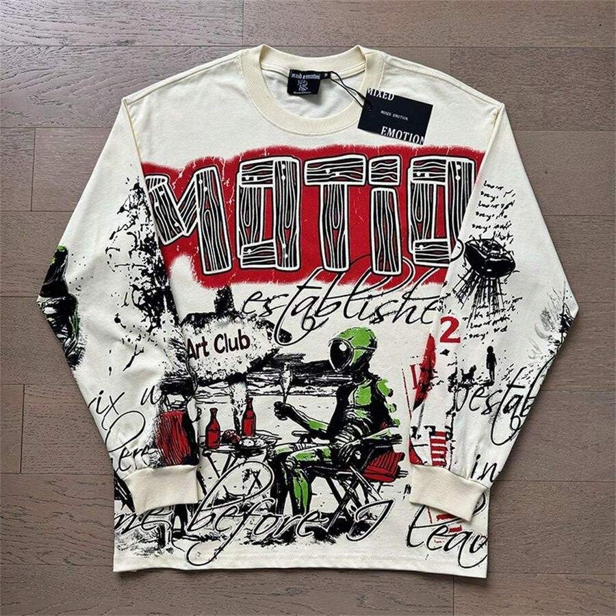 2026 MIXED EMOTION Long Sleeve T-Shirt Men Women High Street Full Print 100% Cotton Crewneck Hip Hop Oversized Tops Tops Hoodies Summer Clothes Western Outfits For Women Summer Outfits For Women Jackets Sweater Jackets For Women - 圖3 - 查看 1