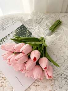 Textura realista, adecuada para novia/dama de honor de boda, ramo de novia artificial de tulipanes blancos y rosa caramelo hechos a mano, accesorios de boda, decoración para el hogar, fiesta de boda, Día de San Valentín - Blanco - Ver 2