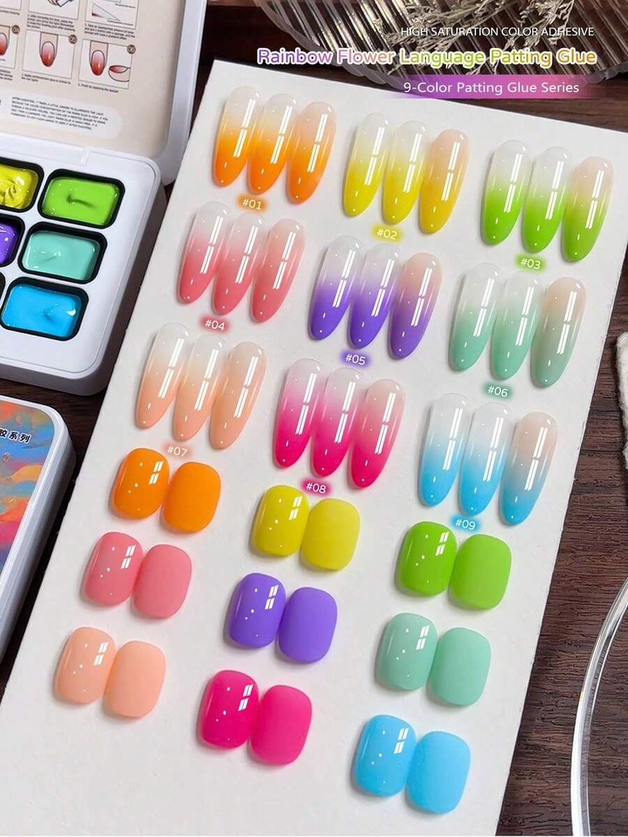 9 Colors Rainbow Floral Pattern Nail Glue, Jar Packed High Saturation Semi-Solid Nail Polish Glue, Suitable For Nail Salon Special Use