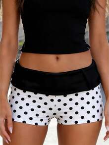 Shorts cortos de mujer con estampado de lunares, de moda veraniega, de talle bajo y con dobladillo plegable. - Blanco - Ver 1