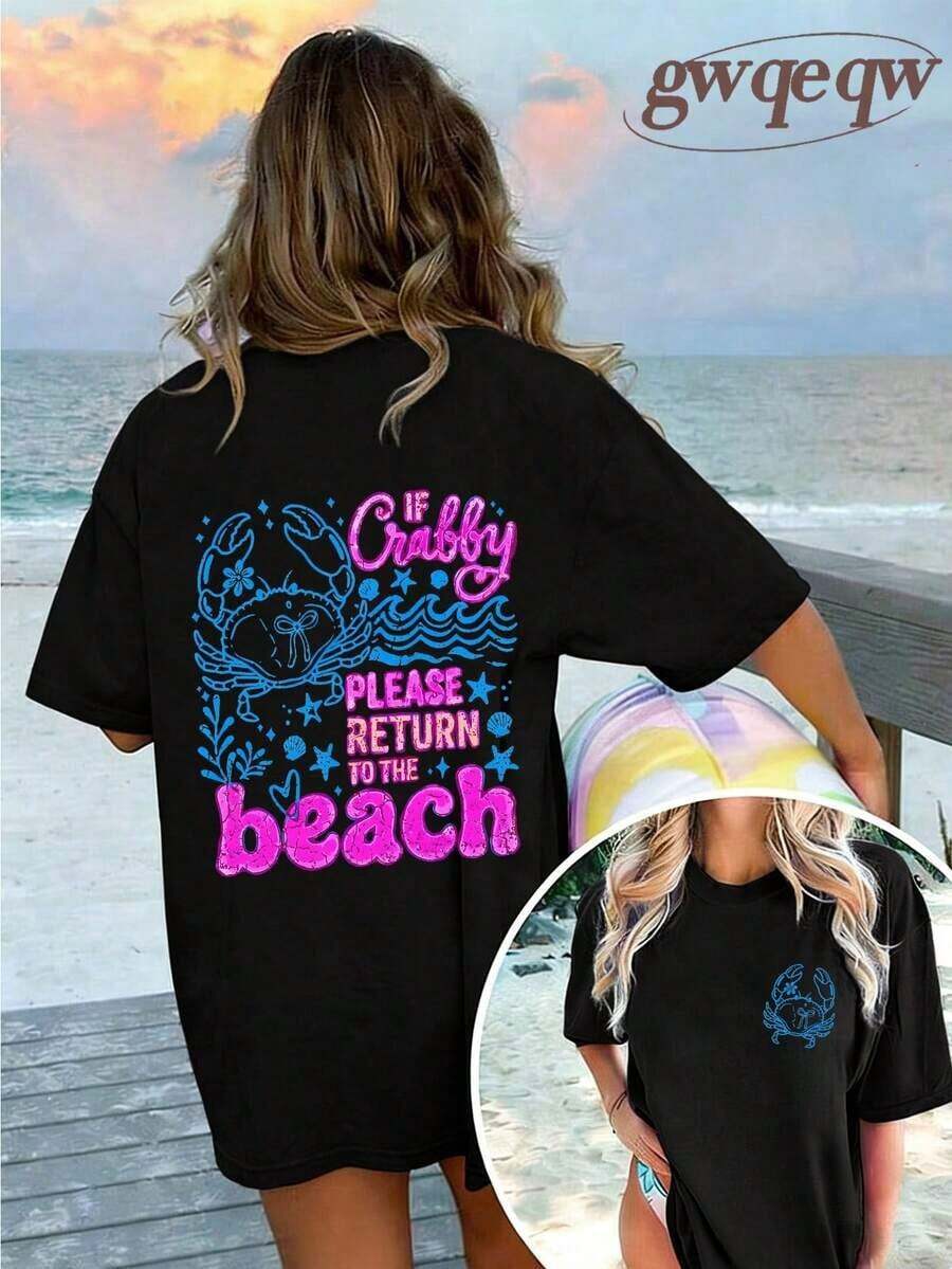 2026 Tropical Vacation OutfitsIf Crabby Please Return To The Beach Double Sided Crab Graphic Tee, Coastal Aesthetic Graphic Tees Women, Summer Fits F - 黑色 - 查看 1