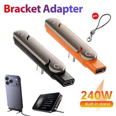 Adaptador de cargador de teléfono 2 en 1 de carga súper rápida de 240 W USB-C a USB-C con soporte de teléfono invisible en ángulo de 90°, cable de carga USB-C desmontable, adecuado para juegos, oficina, viajes en coche, compatible con iPhone 17 Pro Max/17 Pro/17/Air/16/15, S25/S24/S23/S22/S21/S20, Series