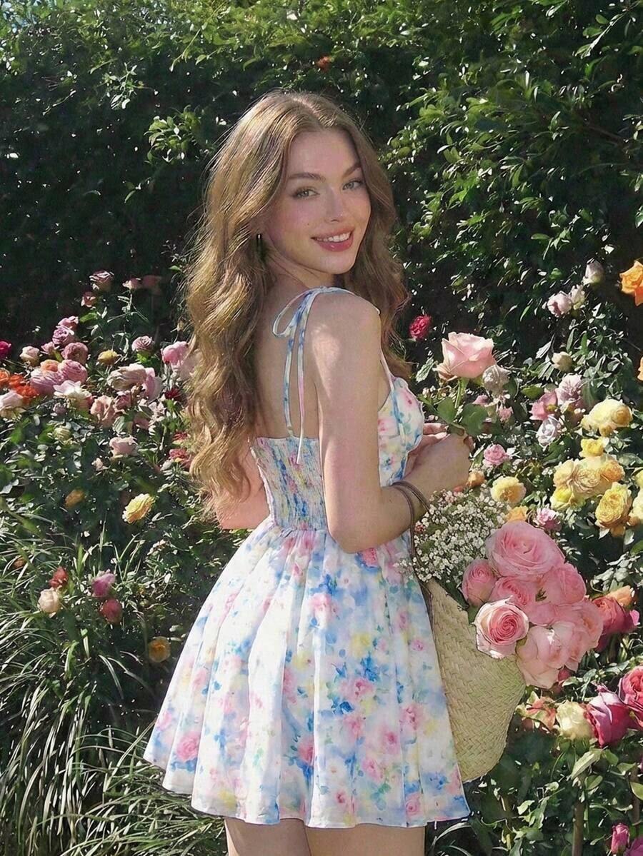 MOD Vestido mini elegante de mujer sin mangas con estampado floral, dobladillo con volantes plisados - Multicolor - Ver 1