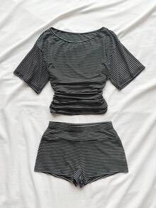 女士条纹圆领短袖上衣和高腰修身短裤两件套休闲度假夏季优雅套装 - 黑與白 - 查看 6
