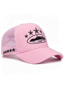 1 pieza Gorra de béisbol con malla y estrella de cinco puntas bordada, sombrero ajustable de protección solar casual para exteriores para primavera/otoño, viaje, playa, vacaciones, estilo unisex Y2K - bordado - Ver 26