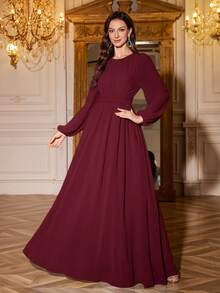 Volly Toych Đầm chiffon màu đỏ tía thanh lịch, cổ tròn, tay dài, dáng maxi sang trọng với tay áo phồng và chi tiết xếp ly, thích hợp cho phù dâu và các sự kiện trang trọng, tay áo không có lớp lót. - Màu Đỏ Sâu - Xem 6