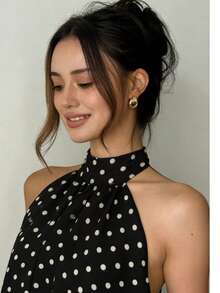 Valentine Outfits For Women Sweet Vacation Slim Sexy Backless Halter Waist-Cinching Top Puffy Short Skirt Dress For Women - 黑白波點 - 查看 9