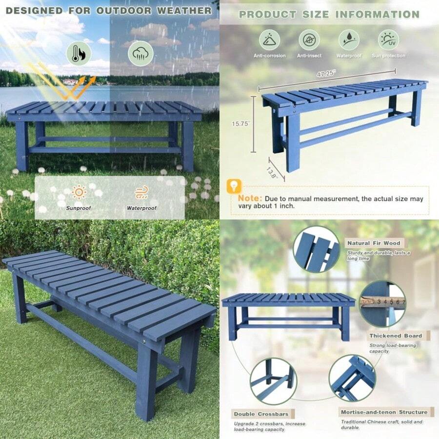Banco de madera para jardín al aire última intervensión banco de madera para 2 personas resistente a la intemperie banco estrecho de parque nunca se pudre ni se decolora banco impermeable sin - Azul - Ver 1