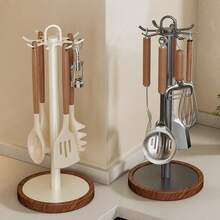 1个不锈钢厨房用具收纳架，带木质底座、可旋转、8个挂钩 - 彩色 - 查看 4