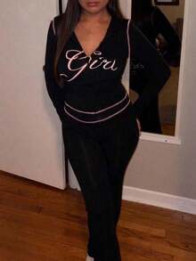 Women's Casual Graphic Print "Girl" Zip-Up Hoodie And Pants Set, Street Style Sporty Long Sleeve 2-Piece Outfit, Suitable For Party And Gathering Wear, Autumn Black Spring - 綠色 - 查看 10