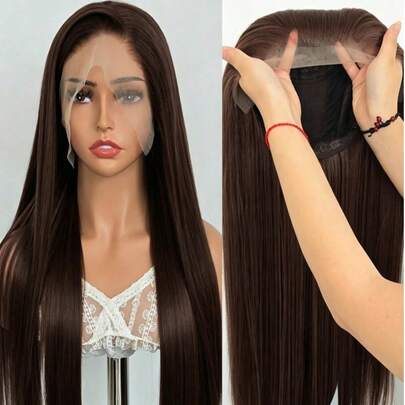 Peluca sintética de encaje frontal recta básica unisex para adultos - Fibra resistente al calor, línea del cabello recortada previamente, 13x4 encaje, densidad del 180%, partición libre, fibra sintética premium resistente al calor, textura suave. Adecuado para principiantes, aplicable para bodas, Halloween, Navidad, fiestas de cosplay y uso diario, extensiones de cabello, kit de instalación de peluca, Megalook Hair, accesorios navideños
