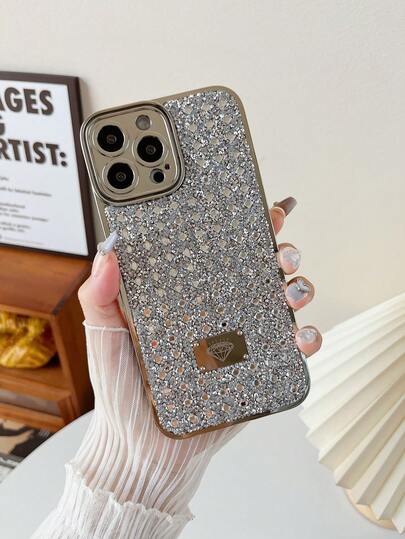 1 chiếc ốp lưng điện thoại 2 trong 1 chống sốc, mạ bạc đính đá pha lê màu trơn, phù hợp với 15 Pro Max/17 Pro Max/17 Ari
