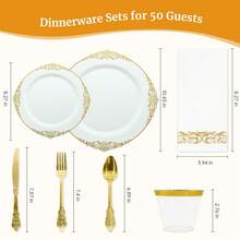175Pcs Gold Plastic Plates For Party, Disposable Plates Set, 25 Of Each 9" Dinner Plates, 7" Cute Dessert Plates, 9oz Cups & Spoons Forks Knives Napkins Cutlery For Weddings Birthday Baby Bridal Shower, Catering Events - Dinnerware Set Exquisite For 25 Guest Service - Elegant & Sturdy - White - View 2