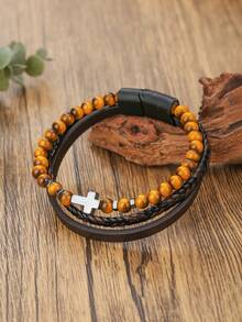 1pc Retro Cross Decor Men's Layered Beaded & PU Leather Bracelet, Natural Stone Beaded Magnetic Clasp Bracelet For Daily Wear & Gift - Multicolor - View 8