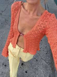 Live To Mo 夏季女士时尚性感橙色镂空针织V领喇叭袖开襟休闲上衣，适合约会、度假和外出海滩穿着 - 橘色 - 查看 7