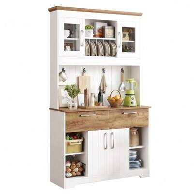 Large Kitchen Buffet Cabinet With Storage Space, Kitchen Cabinet With Glass-Fronted Compartments, 2 Drawers, Doors And Hook Rail – Modern Buffet Cabinet For Kitchen, Dining Room & Hallway, 106 * 39 * 176.5 Cm