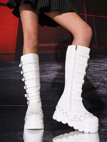 Botas altas de mujer con estilo Y2K, de metal negro, estilo punk, combinación de plataforma alta, botines hasta la rodilla con cremallera y hebilla, leggings, botas de estilo navideño y de Halloween - Blanco - Ver 4