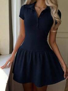 Vestido Mini Polo Mujer Azul Marino, Cuello Solapa Polo Con Diseño En V, Mangas Cortas, Corte Entallado Cinturado, Falda Fluyente Plisada, Con Forro Interior Antideslizante, Tejido Suave Elástico, Estilo Casual Deportivo Chic Elegante Versátil - Azul marino - Ver 8