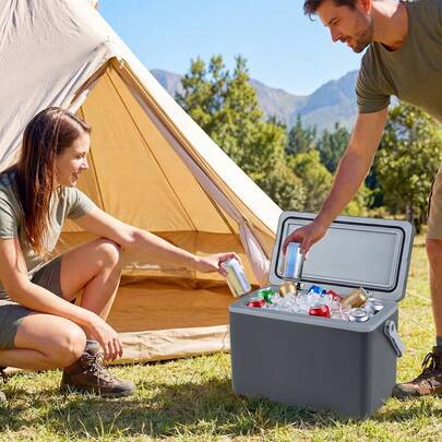  COSTWAY Portable Hard Cooler, 12 L Injection Molded Insulated Ice Chest With Easy-Grip Handle, Leak-Proof Portable Cooler Keeps Ice 3 Days For Camping, Fishing, Grey/White