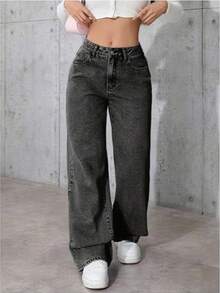 Women's Stretch Waist Wide-Leg Jeans, High-Waisted Tummy-Revealing Straight-Leg Jeans, And Acid-Washed Jeans With Pockets - These Elegant Women's Outfits Are Not Only Comfortable To Wear, But Also Have A Loose Style, Making Them Perfect For Travel, Work Or Daily Office Occasions. - Xanh đậm - Xem 12