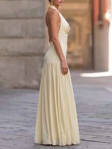 Women's Elegant Vacation Loose Shoulder Tie Waist Chiffon Backless Maxi Dress, Suitable For Beach Summer - Yellow - View 3