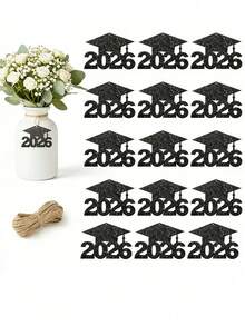 1/12/24 piezas Decoraciones para Fiesta de Graduación 2026 - Etiquetas de Gorro de Graduación con Brillo, Centros de Mesa de Florero de Papel Colorido, Material de Papel, Adecuado para Centros de Mesa de Ceremonia de Graduación, Decoración de Fiesta de Graduación - Multicolor - Ver 2