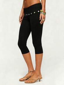 Women's Capri Pants Fold Over Waistband Low Rise Button Decor Slim Fit Stretch Yoga Leggings - Negro - Ver 4