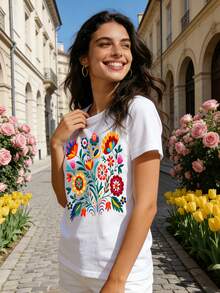 Mexican-Style T-Shirt With A Colorful Floral Print Featuring Festive Motifs, Casual Short-Sleeved Top With A Round Neck For Women. DWRM - 白色 - 查看 4