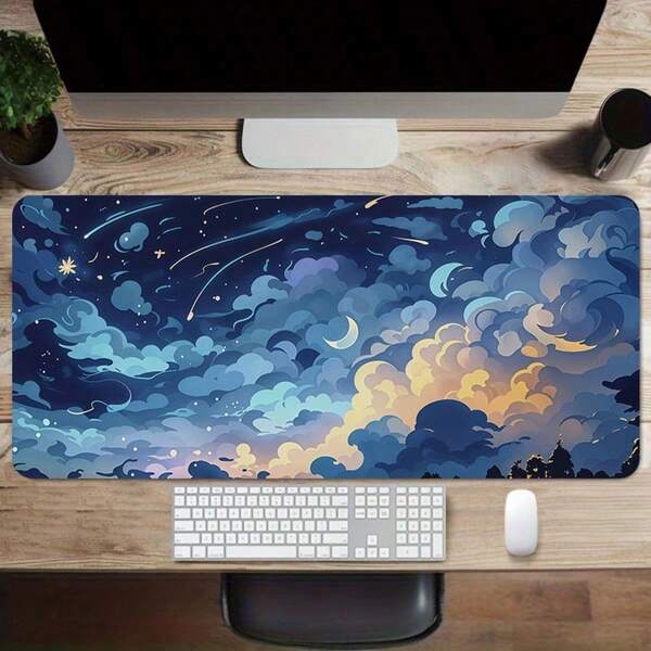 Starry Night Sky Mouse Pad With Crescent Moon & Clouds Design - Ergonomic Non-Slip Rubber Base, Wrist Support, Durable Fabric Surface - 11.8x31.5 Inch Office & Home Desk Decor, Nonslip Mousepad | Artistic Mousepad | Smooth Texture Mousepad, Large Mouse Pad