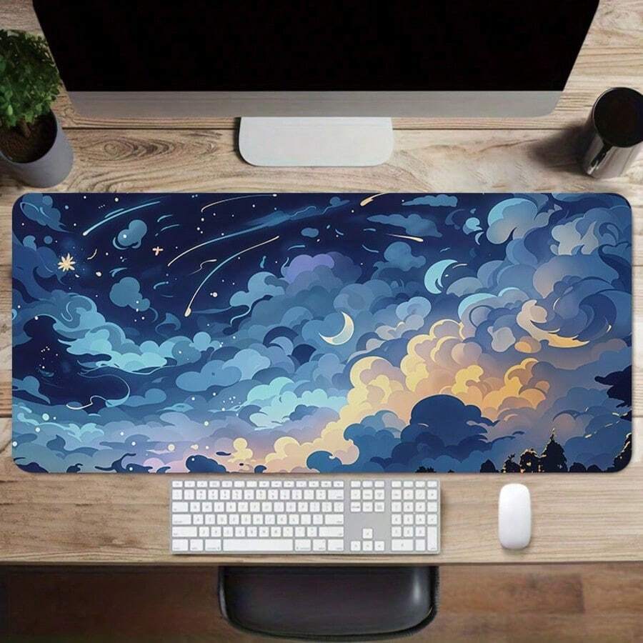 星空夜空鼠标垫,饰以新月和云朵图案 - 符合人体工学的防滑橡胶底座,腕托设计,耐用织物表面 - 11.8x31.5 英寸,适用于办公室和家庭桌面装饰,防滑鼠标垫 | 艺术鼠标垫 | 光滑质感鼠标垫,大尺寸鼠标垫 - 星空雲彩 - 查看 1