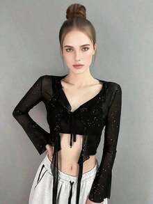 1pc Shiny Jazz Dance New Sexy Sequin Flowy Top, Belly Dance Chiffon Shawl Shoulder Sleeve Shawl, Hip Scarf, Waist Scarf, Skirt, Suitable For Stage Performance, Nightclub, Disco, Festival, Party, Banquet - Áo khoác ngoài màu đen (có thể dùng như thắt lưng) - Xem 9