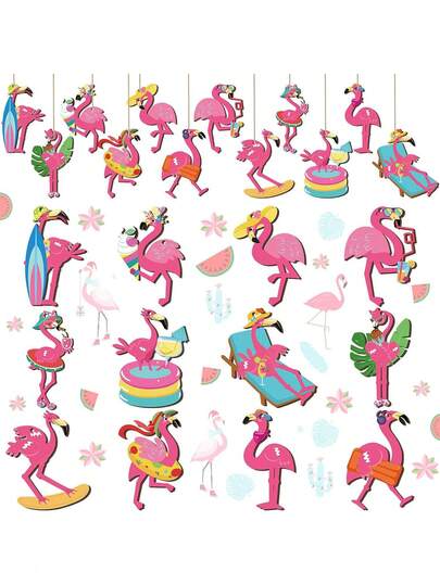 12pcs Summer Wooden Flamingo Decorations, Tropical Hawaiian Beach Wooden Hanging Decor, Mini Palm Leaf & Floral Wooden Ornaments With Holes, Suitable For Summer Party Supplies, Hawaiian Beach Party Decor, Beach Wood Hanging Ornaments, Tropical Party Supplies, Holiday Party DIY Decorations, Home, Office, Pool Side Or Other Outdoor Summer Events